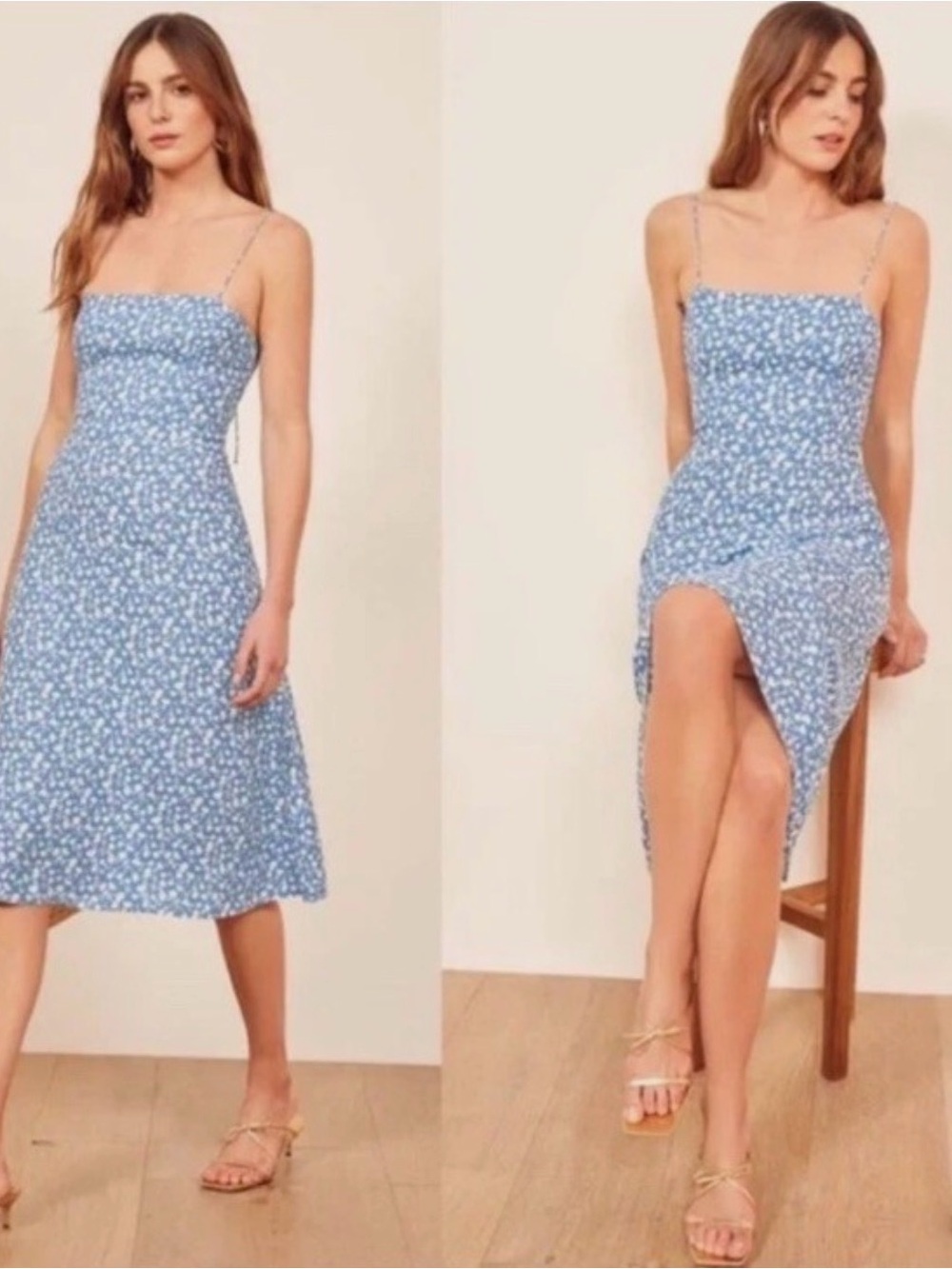 Reformation Blue Floral Square-Neck Midi Dress